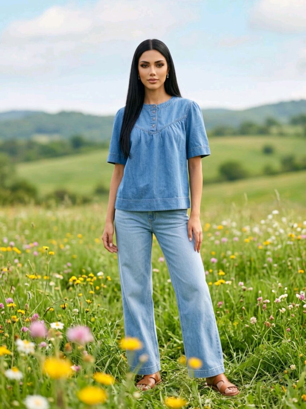 Denim Button Yoke Short Sleeve Top - Blue